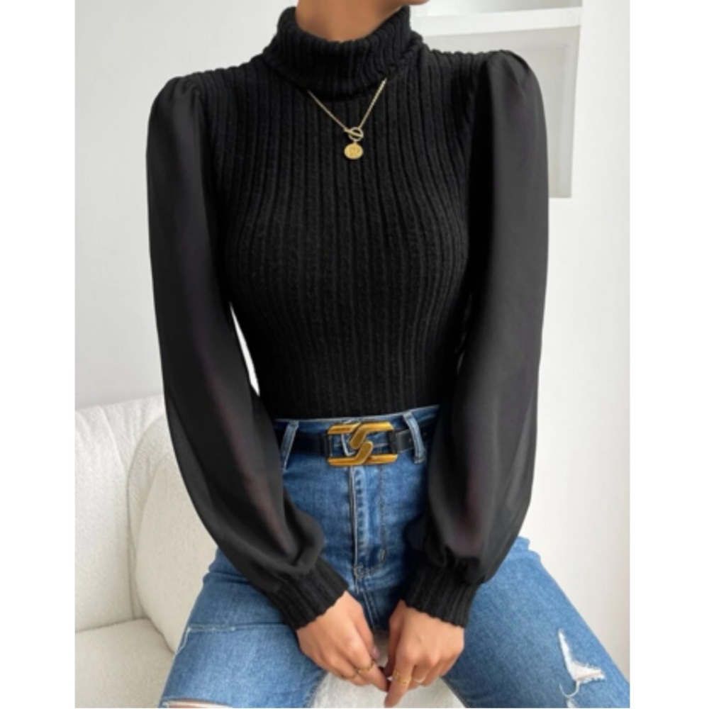 Boho turtleneck lantern sleeve top
